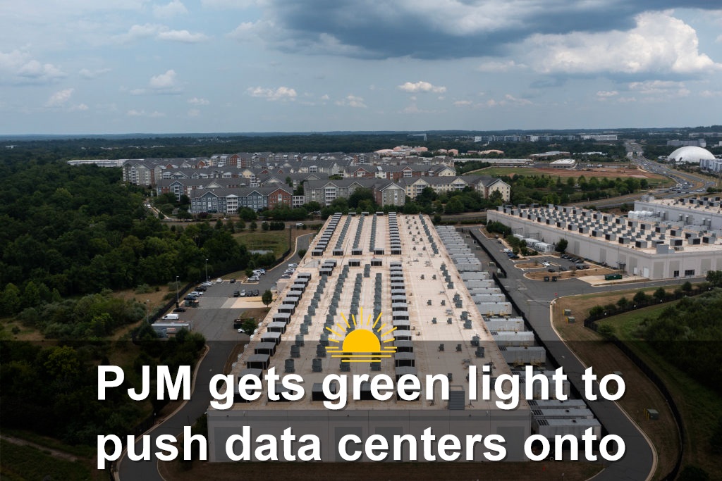 An aerial view shows an Amazon data center in Ashburn, Virginia. PJM Interconnection got the OK from the U.S. Department of Energy to require data centers to turn on back-up generators during this week’s heatwave. (Photo by Nathan Howard/Getty Images)