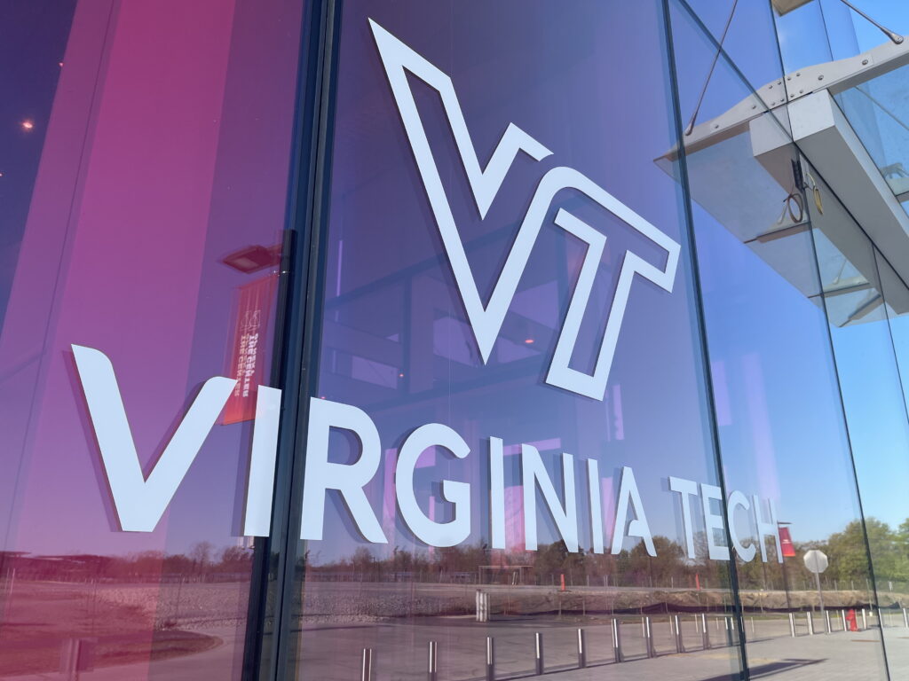 A view outside the Virginia Tech Innovation Campus Academic Building One in Alexandria. (Photo by Nathaniel Cline/Virginia Mercury)