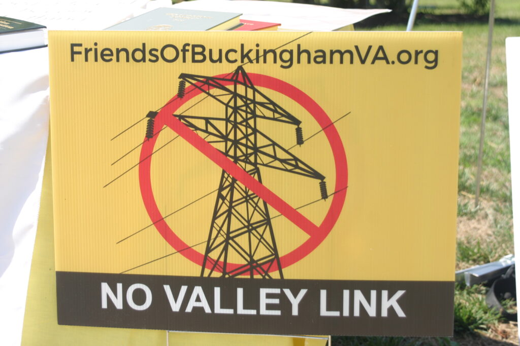 A sign showing opposition to the Valley Link transmission project May 2026. (Photo by Shannon Heckt/Virginia Mercury)