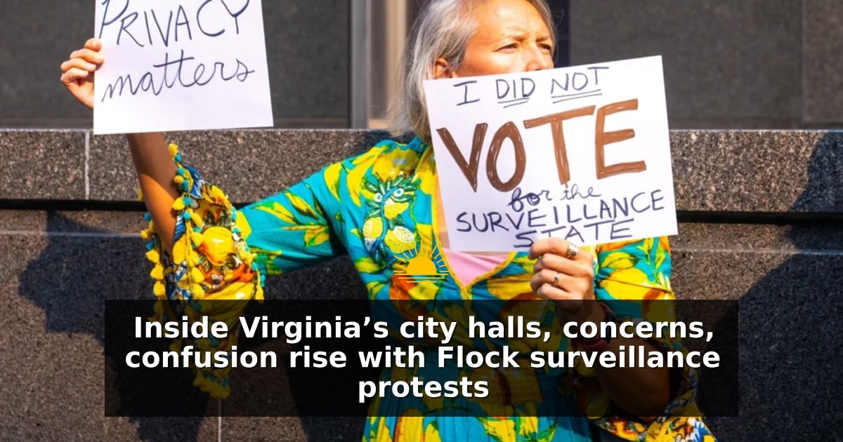 A protester outside Richmond City Hall during a demonstration against Flock cameras before a City Council meeting on July 27, 2026. (Photo by Jaysun Silver/VCIJ at WHRO)