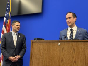 Virginia Del. Dan Helmert, D-Fairfax (left), and Sen. Schuyler VanValkenburg, D-Henrico, field questions about tax proposals filed by Democrats at a news conference at the state Capitol in Richmond on Feb. 3, 2026. (Photo by Markus Schmidt/Virginia Mercury)