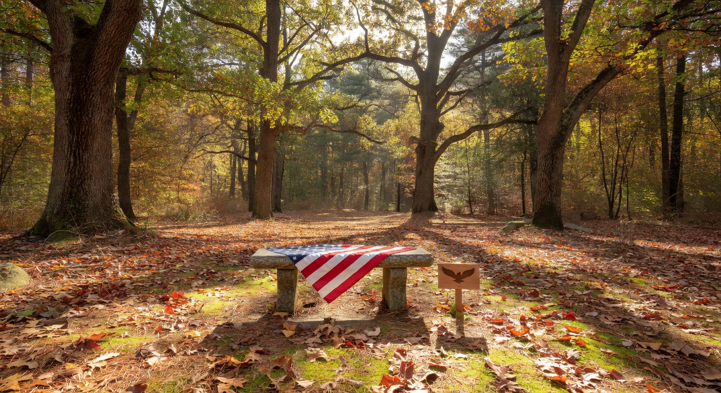 American flag draped over a stone bench in an autumn forest