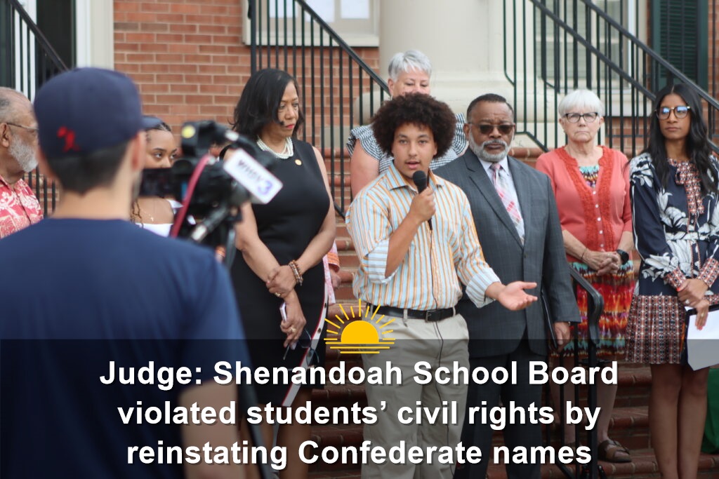 AD Carter, a former Shenandoah County Public Schools student, speaks in front of the Shenandoah County Circuit Court on June 11, 2024. Carter and other students sued the school board for reinstating Confederate names on several schools. (Photo by Nathaniel Cline/Virginia Mercury)