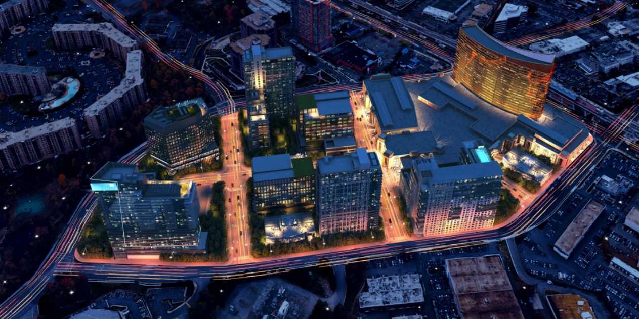 A lobbying flyer shared with lawmakers in Virginia includes a rendering Comstock’s proposed casino development at Tysons. (via Access Point Public Affairs).