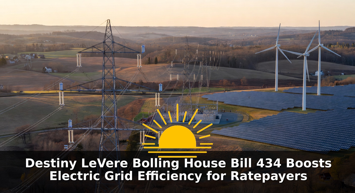 Solar panels, wind turbines, and power lines in a rural landscape