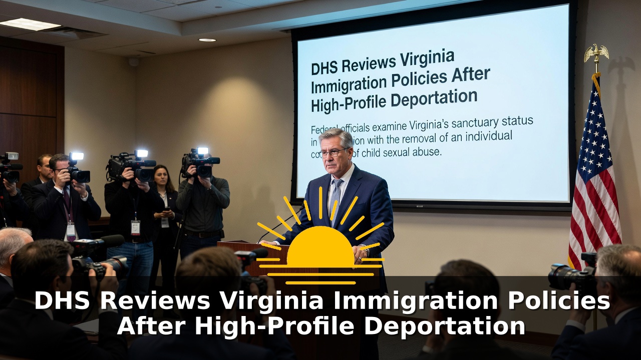 Man at a wooden podium in a briefing room with cameras, an American flag, and a projection screen reading DHS Reviews Virginia Immigration Policies After High-Profile Deportation.