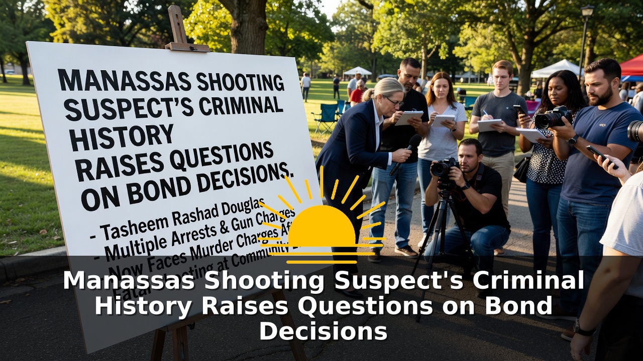 Journalists gather around a sign detailing the Manassas shooting suspect's criminal history at an outdoor briefing.