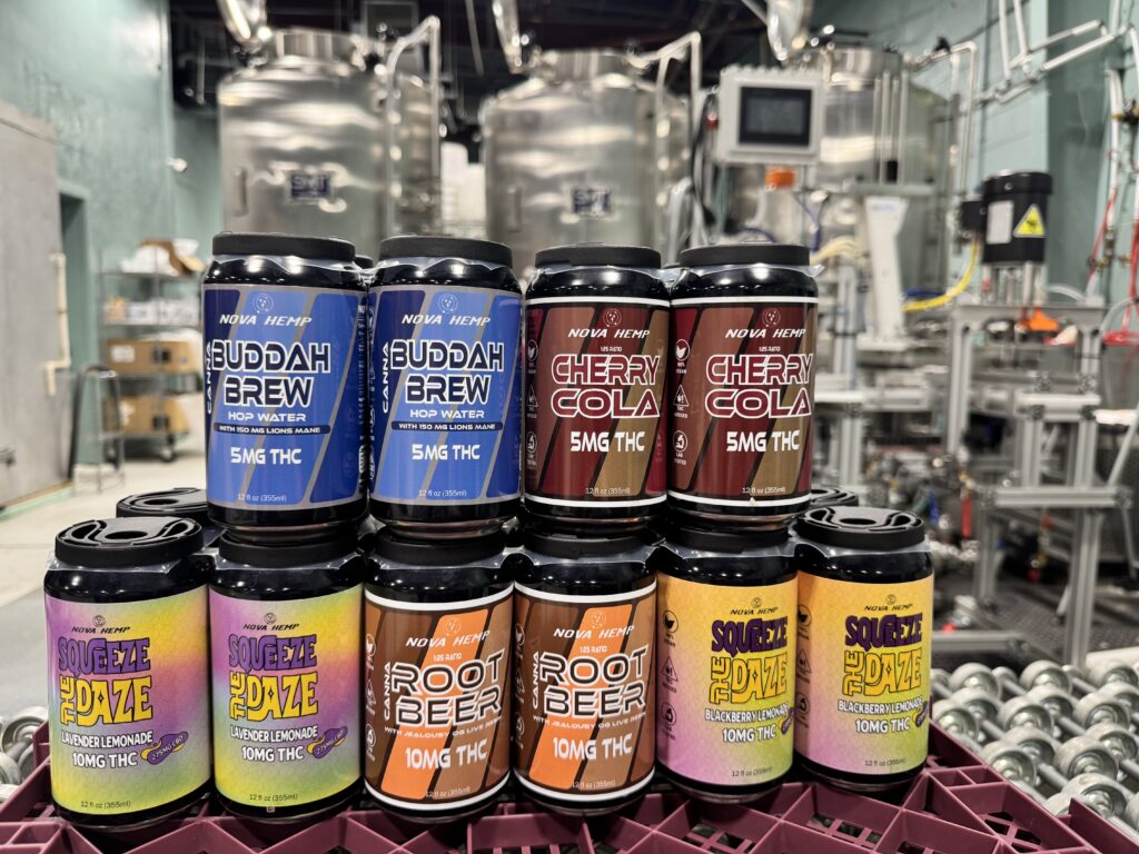 THC-infused beverages produced by Nova Hemp are displayed at the company’s facility in Middletown. Nova Hemp is among seven Virginia businesses seeking a federal injunction against new hemp restrictions set to take effect Aug. 15. (Courtesy photo)