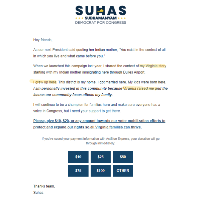 Subramanyam claims to have “been raised” in Virginia but grew up in Texas