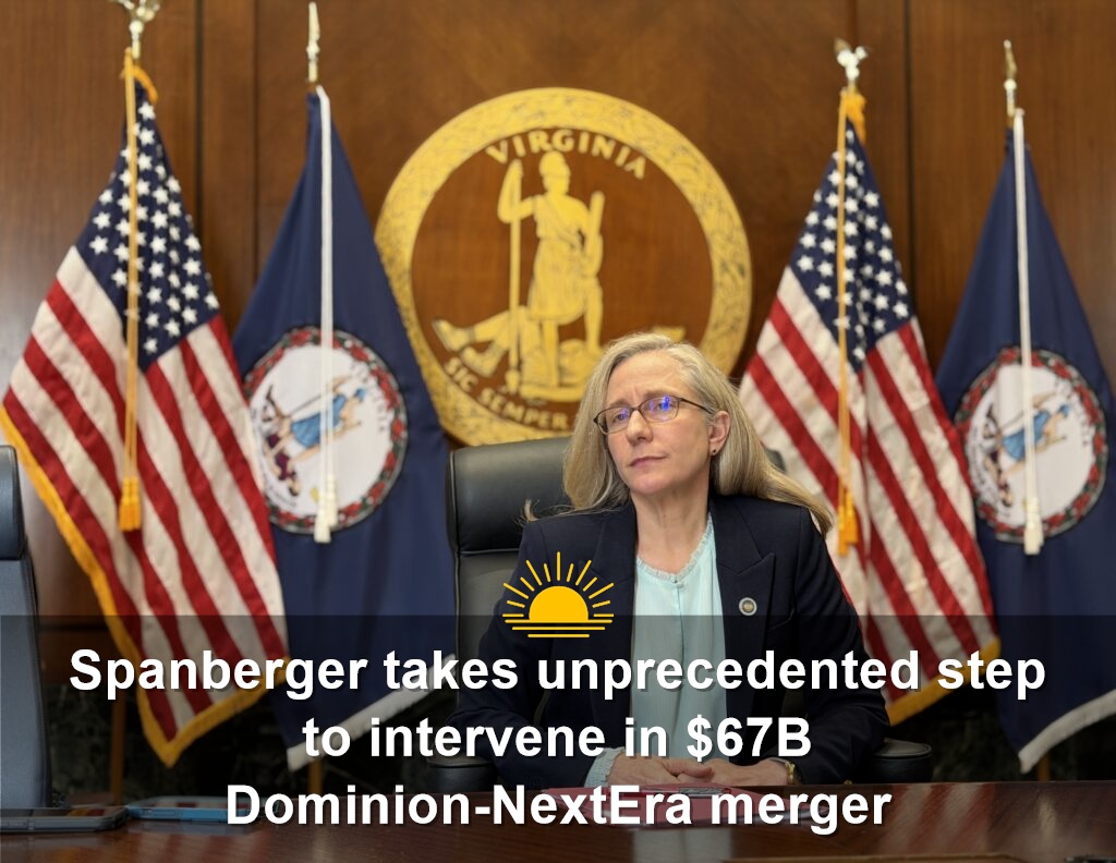 Virginia Gov. Abigail Spanberger speaks with reporters last month in the cabinet room of the Patrick Henry Building in Richmond in July. On Thursday she announced that she will formally intervene in the State Corporation Commission’s review of NextEra Energy’s proposed $67 billion acquisition of Dominion Energy. (Photo by Markus Schmidt/Virginia Mercury)