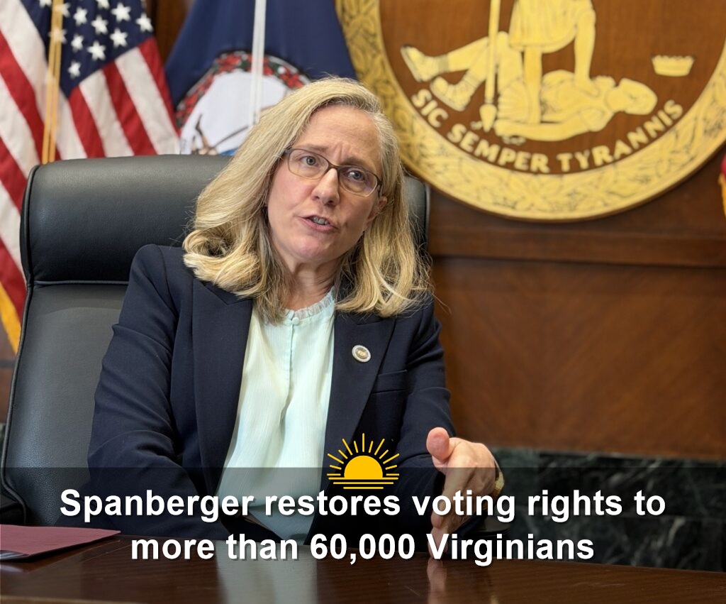 Gov. Abigail Spanberger speaks to reporters in Richmond. Spanberger announced Friday that her administration has restored voting and other civil rights to more than 66,000 Virginians since she took office in January. (Photo by Markus Schmidt/Virginia Mercury)