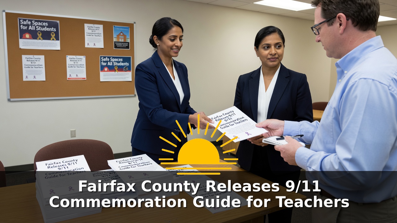 Two women in professional attire present a Fairfax County 9/11 Commemoration Guide flyer to a colleague