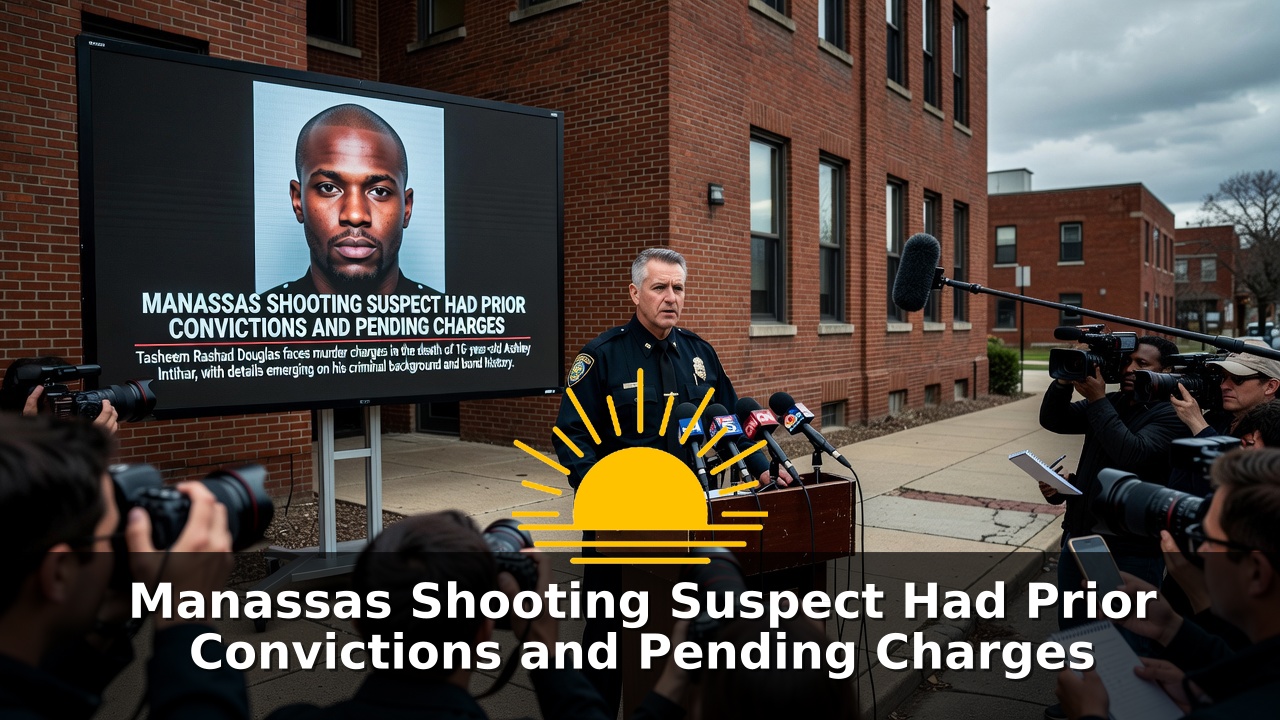 Police officer speaks at a Manassas press conference with a suspect photo displayed on screen