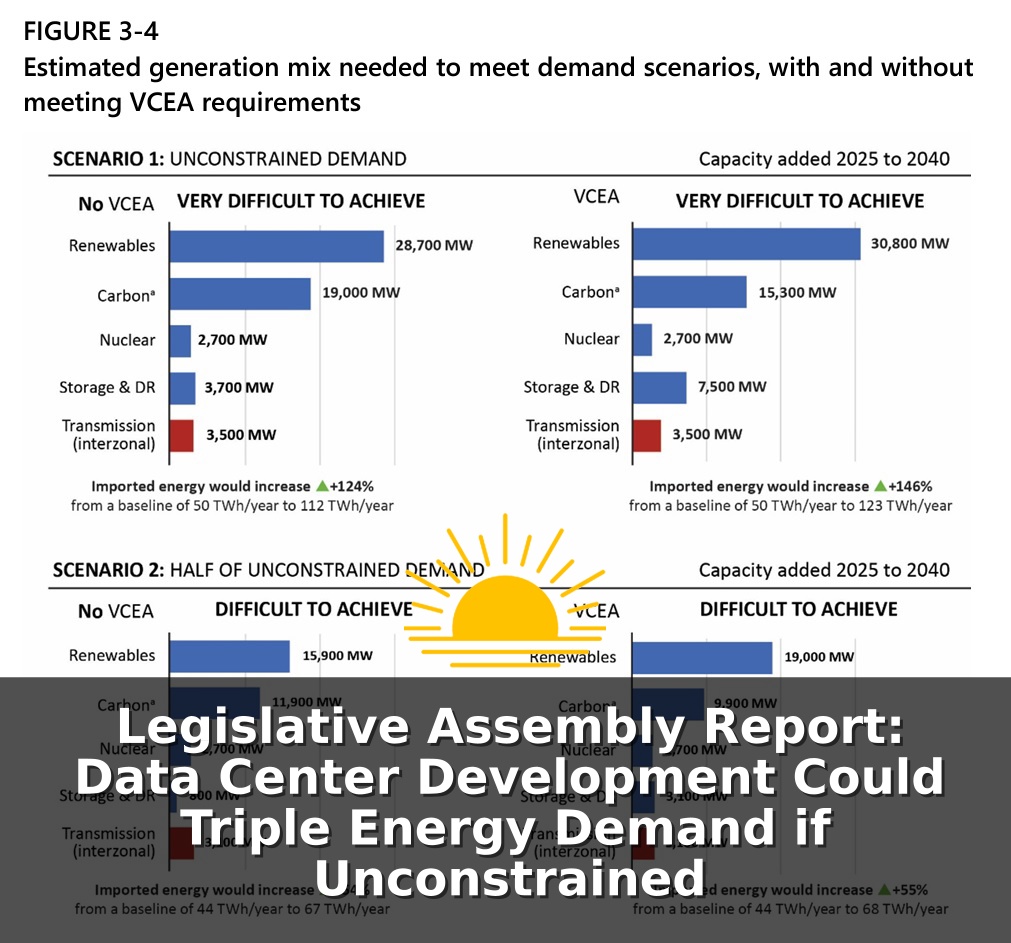 Joint Legislative Audit Review Commission chart of estimated generation mix needed to meet Virginia demand scenarios with and without VCEA requirements