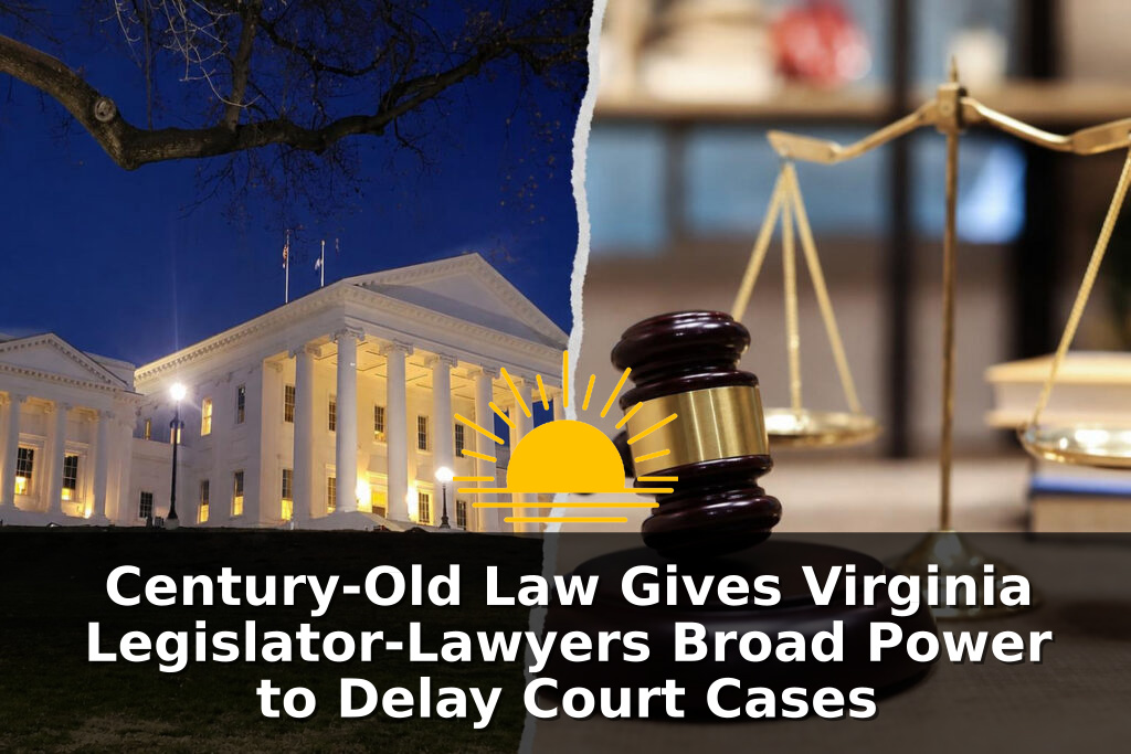 Virginia State Capitol at night beside a gavel and scales of justice