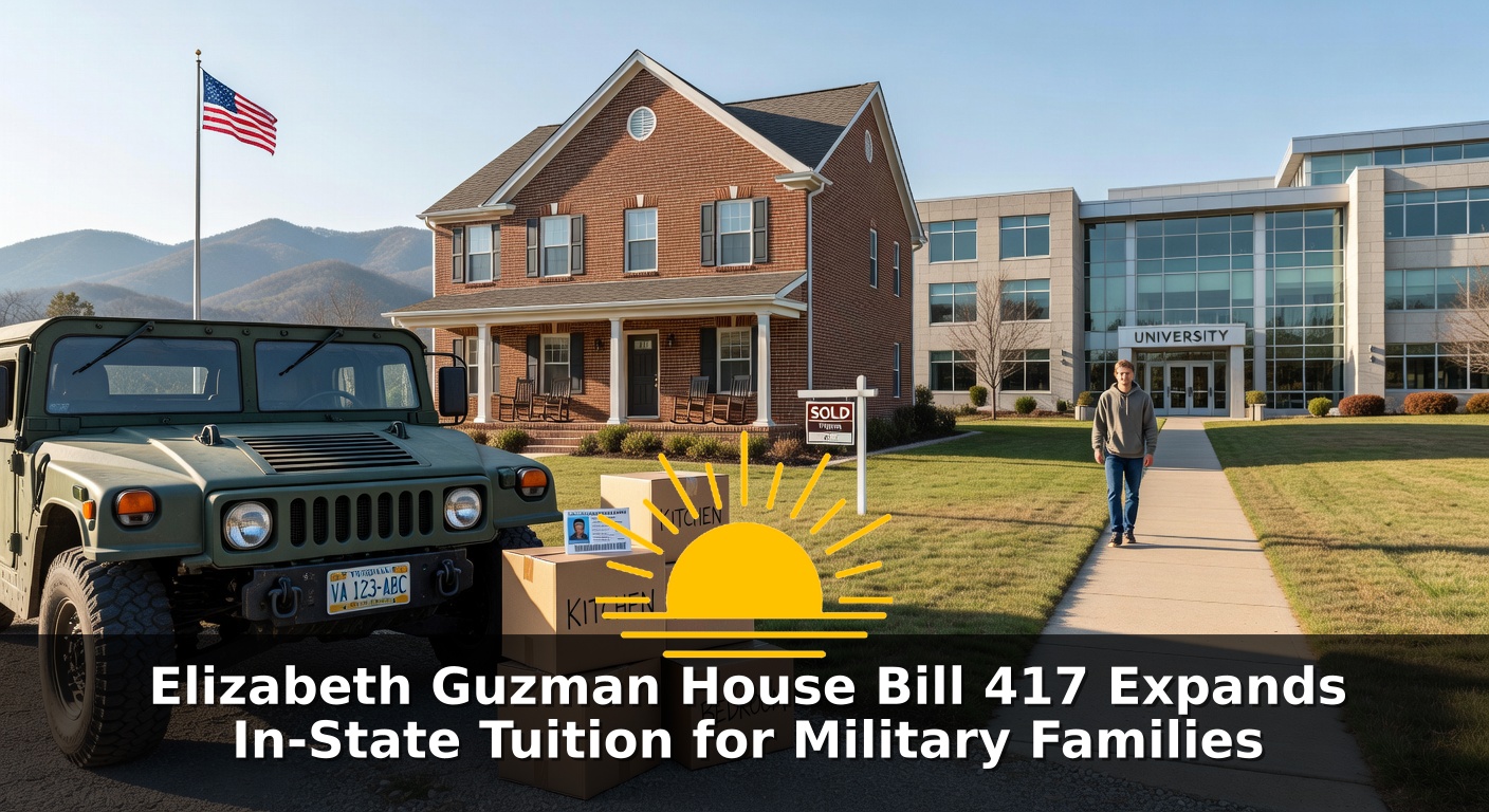 Conceptual scene with military Humvee, sold home, and university building