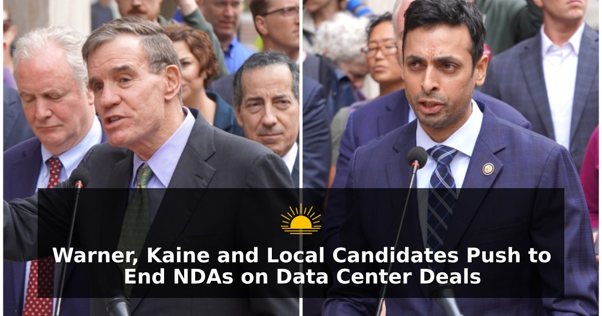 U.S. Sen. Mark Warner and U.S. Rep. Suhas Subramanyam, both Virginia-based Democrats, have introduced legislation targeting the data center industry. (Photos by William J. Ford/Maryland Matters)