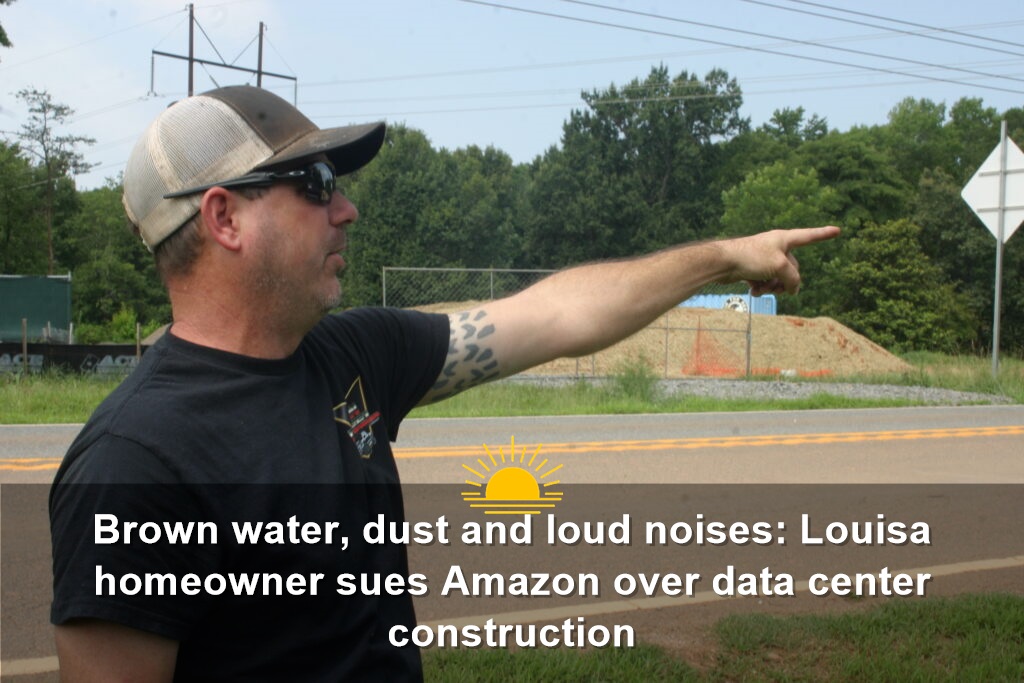 Austin Newsom explains how construction of a new Amazon data center campus across the street from his home has disrupted his life, July 2026. (Photo by Shannon Heckt/Virginia Mercury)