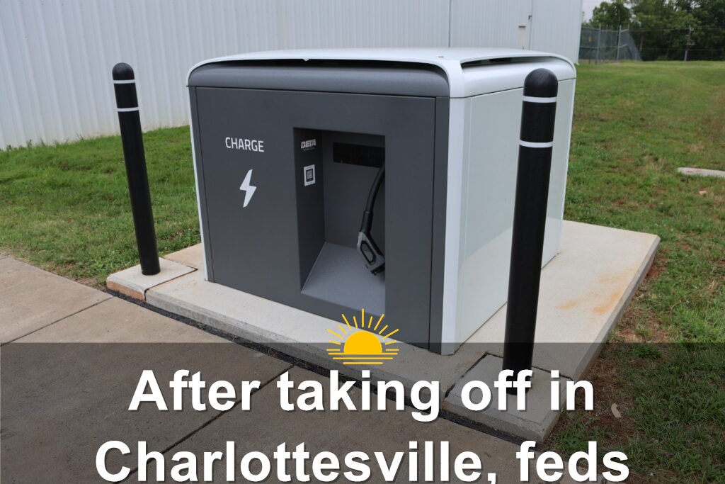 A view of a charging station used by BETA Technologies in Charlottesville. (Photo by Nathaniel Cline/Virginia Mercury)