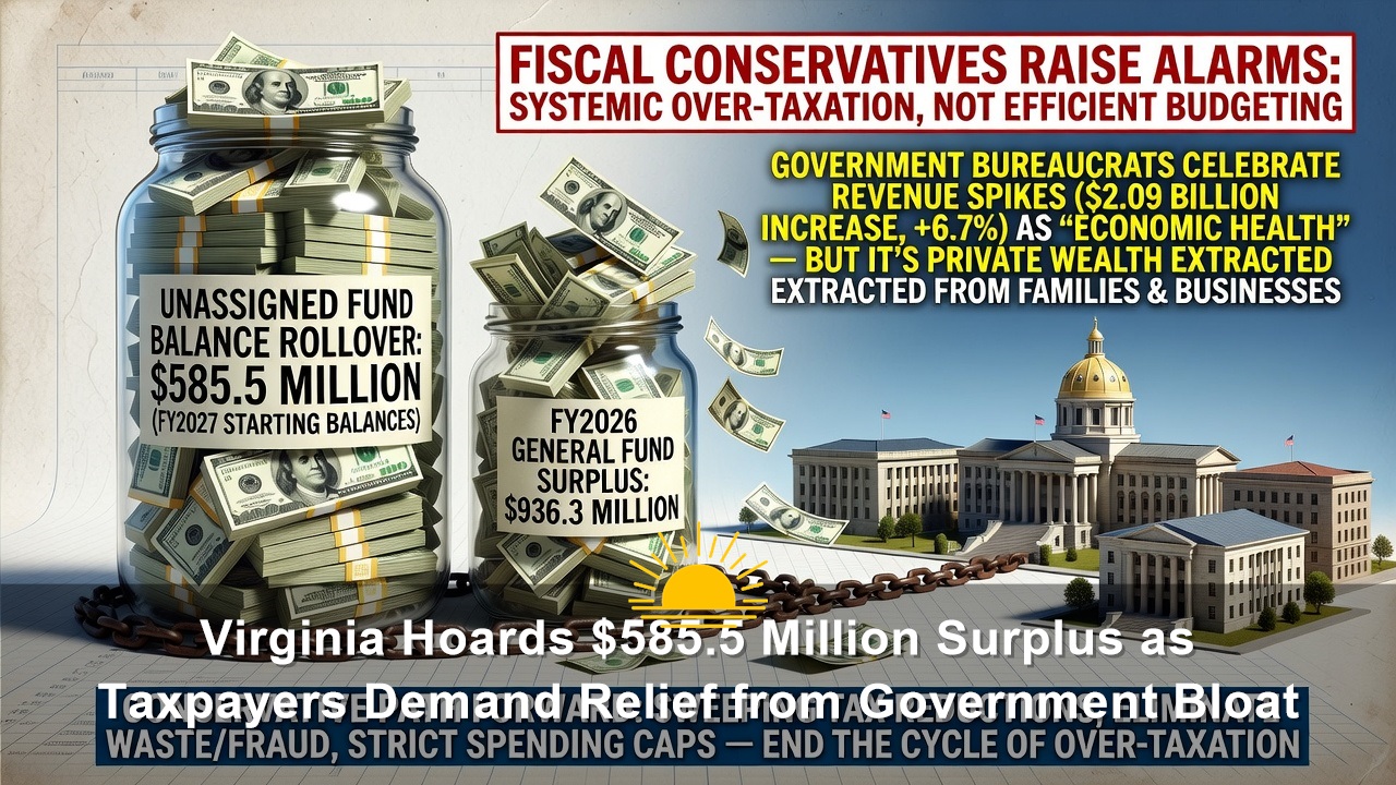 Virginia Hoards $585.5 Million Surplus as Taxpayers Demand Relief from Government Bloat