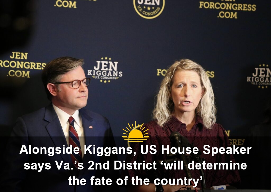 U.S. Rep. Jen Kiggans, R-Virginia Beach, speaks at a campaign event in Virginia Beach featuring U.S. Speaker of the House Mike Johnson, R-Louisiana, on Aug. 17, 2026. (Photo by Charlotte Rene Woods/Virginia Mercury)