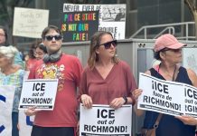 Spanberger’s ICE actions deepen divide with Virginia Democrats Activists rally outside Richmond City Hall last August, holding signs and calling for an end to what they describe as aggressive immigration enforcement tactics in Virginia. (Photo by Markus Schmidt/Virginia Mercury)