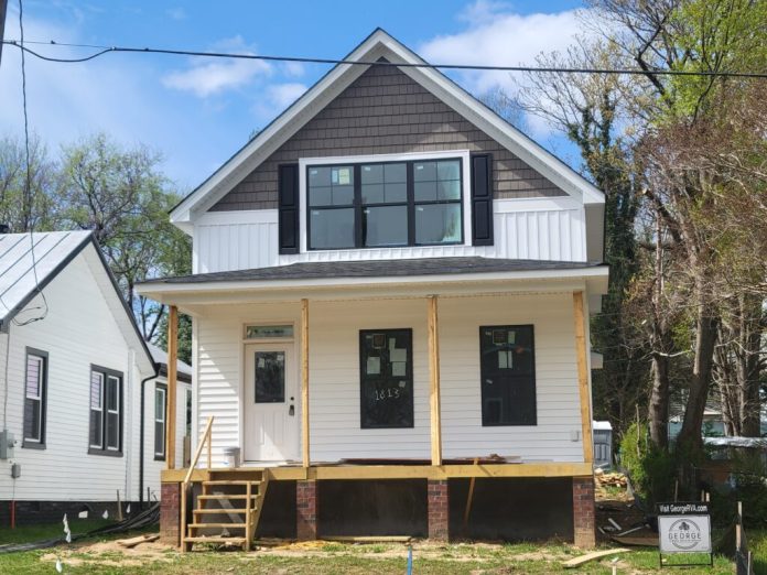 A new house under construction in Richmond, Virginia in 2026. (Photo by Charlotte Rene Woods/Virginia Mercury)